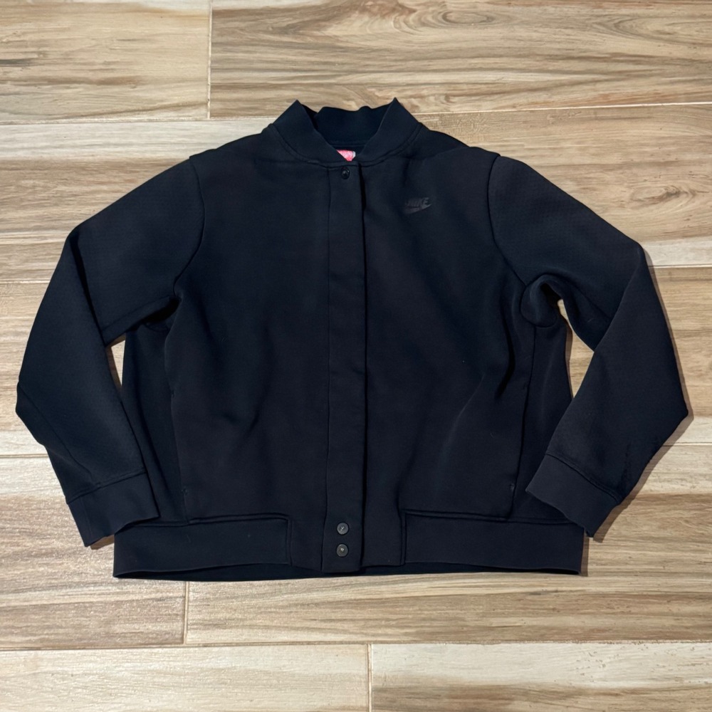 Nike Tech Fleece Bomber Jacket Womens XL Black Full Zip Snap Pleated Back
